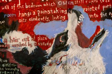 A painting of a howling or yawning dog, with expressive brushstrokes in red, white, and black. Background text is partially visible, blending into the artwork, featuring phrases in varying sizes and fonts.
