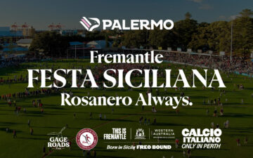 A large crowd gathers on a sports field with text overlay promoting Fremantle Festa Siciliana by Palermo, featuring logos of sponsors and event supporters at the bottom.