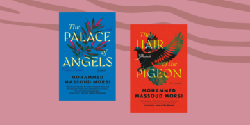 Two colorful book covers by Mohammed Massoud Morsi: The Palace of Angels (blue with leaves and berries) and The Hair of the Pigeon (red with a flying pigeon). Both titles are bold; covers on a pink background.