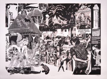 Black and white collage-style artwork featuring Indonesian cultural elements, traditional figures, a volcano in the background, people in various activities, a large poster, and detailed architectural structures. Complex and densely detailed scene.