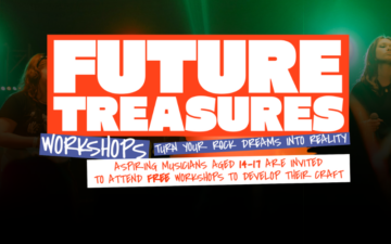 Text graphic promoting Future Treasures Workshops for aspiring musicians aged 14–17, inviting them to attend free workshops to develop their craft. The background shows performers on stage with green and orange lighting.