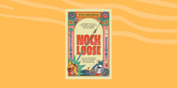 Book cover of Knock Loose by Patrick Marlborough featuring a colorful, cartoonish border, a cat in the bottom left, and a mouse in the bottom right, set against an orange wavy background.