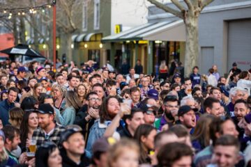 A large crowd of people gathered outdoors on a city street, many smiling, cheering, and looking toward something out of frame on a bright day. Trees and buildings line the background.