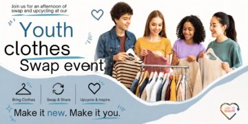 Four smiling teens stand around a clothes rack, holding up shirts. Text promotes a youth clothes swap event, encouraging bringing clothes to swap, share, upcycle, and inspire. Event tagline: Make it new. Make it you..