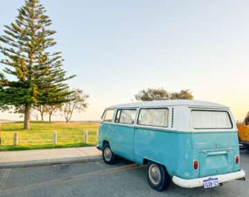 A vintage blue and white van is parked by a grassy area near a tall pine tree, with clear skies and sunlight suggesting a peaceful, scenic day.