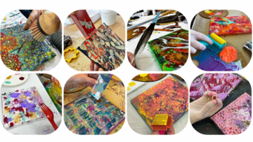 A collage of eight circular close-ups showing mixed-media art techniques. Hands use tools like a scrubbing brush, matchbox, feather, brayer, plastic fork, card scraper, textured block, and bubble wrap to apply and manipulate paint on canvases.