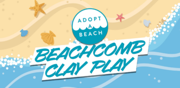 Illustration of a sandy beach with seashells, starfish, and water. Text reads: Adopt a Beach. Beachcomb Clay Play..