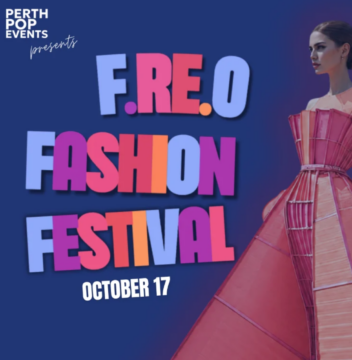 Poster for FREO Fashion Festival on October 17 by Perth Pop Events, featuring a model in a striking red dress against a blue background.