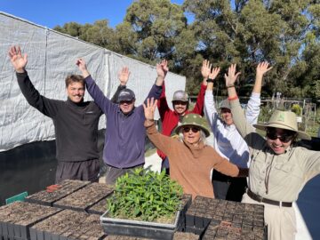 Six people stand behind trays of seedlings, smiling and waving with their hands raised.