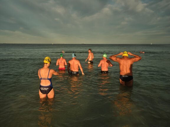A group of swimmers wearing swim caps and Port Beach Polar Bears swimwear stand in the ocean at sunset.