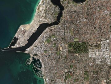 Satellite view of Fremantle, Western Australia, showing the harbor, coastal inlets, and surrounding urban area.