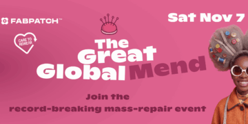 Promotional graphic for The Great Global Mend event on Saturday, November 7, featuring a person with buttons and spools of thread in their hair.