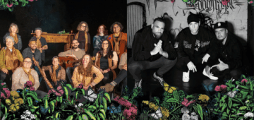 A split-screen image showing a group of people smiling in a dimly lit indoor setting on the left and three men crouching in front of graffiti-covered walls on the right, framed by illustrations of colorful flowers and butterflies.