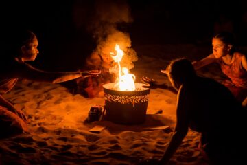 Four people sit in a circle around a glowing fire pit on sand at night, holding their hands out to warm them over the flames.