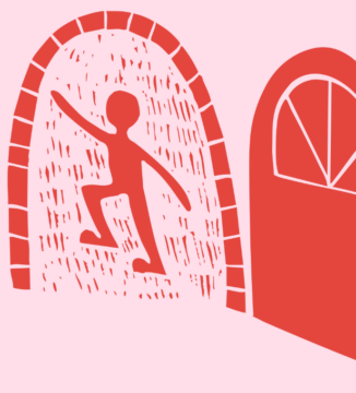 A stylized red figure steps through an arched doorway, next to a closed door with a window.